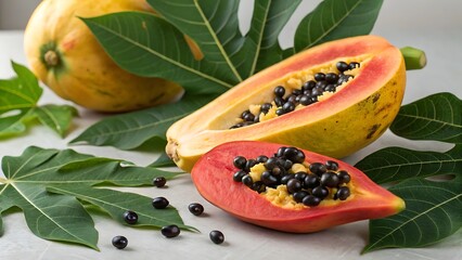 Ripe Papaya Halves with Black Seeds and Green Leaves