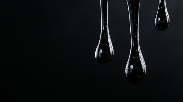 Black liquid dripping on dark background with highlights and bubbles  