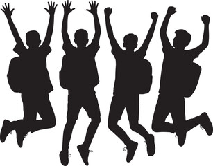 Silhouette of Four Students Jumping with Backpacks Against a Transparent Background