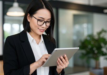 Young asian businesswoman wearing glasses and a black blazer focused on her tablet device in a modern office setting