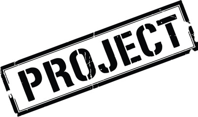 A black 'PROJECT' stamp on a white background signifies a task, goal, or undertaking. The stamp's design is simple and direct, conveying a sense of purpose and action. It is commonly used in business,