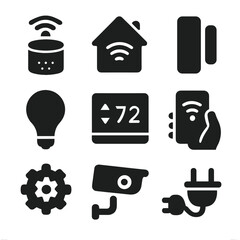 Smart Home Icons Grid. Solid, filled icons set of smart home technology: smart speaker, house with signal,