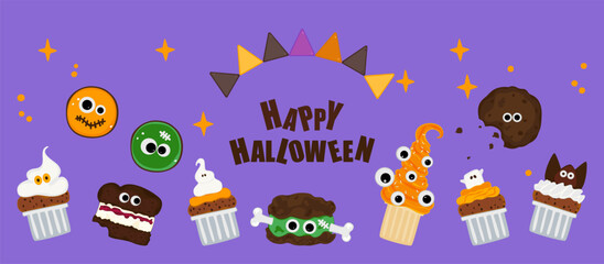Cute Halloween treats banner featuring cupcakes, cakes, cookies, pumpkins, and spooky treats. Vector illustration in fun cartoon style. Perfect for seasonal promotions, party invitations, posters.
