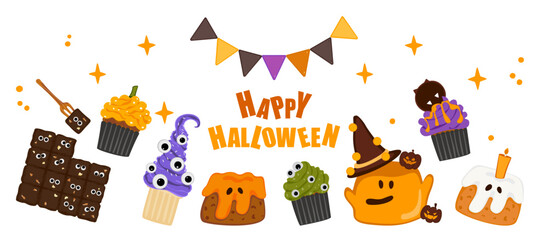 Cute Halloween treats banner featuring cupcakes, cakes, cookies, pumpkins, and spooky treats. Vector illustration in fun cartoon style. Perfect for seasonal promotions, party invitations, posters.

