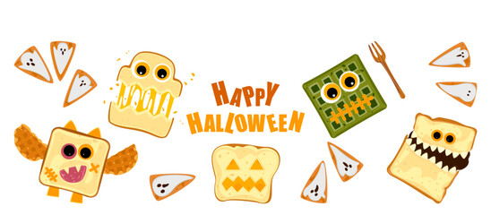 Cute Halloween treats banner featuring cupcakes, cakes, cookies, pumpkins, and spooky treats. Vector illustration in fun cartoon style. Perfect for seasonal promotions, party invitations, posters.
