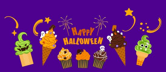 Cute Halloween treats banner featuring cupcakes, cakes, cookies, pumpkins, and spooky treats. Vector illustration in fun cartoon style. Perfect for seasonal promotions, party invitations, posters.
