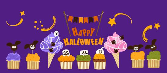 Cute Halloween treats banner featuring cupcakes, cakes, cookies, pumpkins, and spooky treats. Vector illustration in fun cartoon style. Perfect for seasonal promotions, party invitations, posters.
