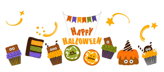 Cute Halloween treats banner featuring cupcakes, cakes, cookies, pumpkins, and spooky treats. Vector illustration in fun cartoon style. Perfect for seasonal promotions, party invitations, posters.
