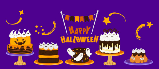 Cute Halloween treats banner featuring cupcakes, cakes, cookies, pumpkins, and spooky treats. Vector illustration in fun cartoon style. Perfect for seasonal promotions, party invitations, posters.
