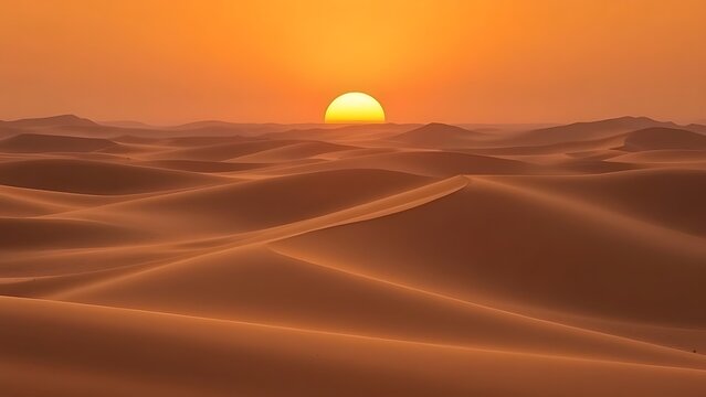 Vast desert dunes bathed in sunset hues, creating a serene and timeless landscape.
