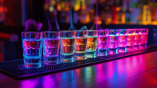 A row of colorful glasses on a bar counter. The glasses are filled with different colored liquids, creating a vibrant and lively atmosphere. The scene suggests a fun and social gathering - Powered by Adobe