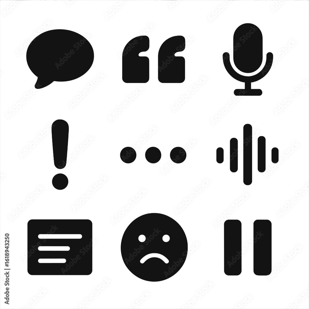 Poster speech icon set. solid, filled icon set of speech patterns: dialogue bubble, quotation marks, microp