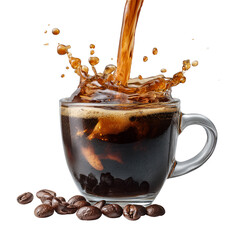 Black Coffee in Glass Cup with Coffee Beans Isolated