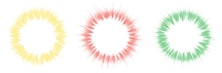 Set of Three Abstract Colored Halftone Dot Radial Burst Frames with Dynamic Exploding and Spreading Effect