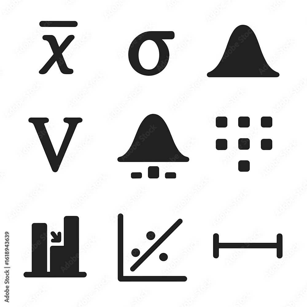 Poster statistical icons grid. solid, filled icon set of statistical methods: mean icon, standard deviation