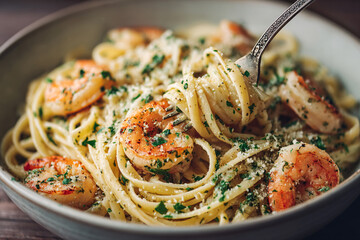 Shrimp scampi pasta with herbs and cheese in a bowl.