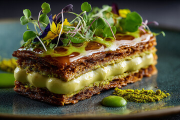 Exquisite dessert showcasing layered pastry and creamy pistachio filling.