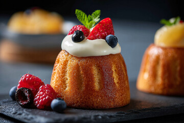 Mini cake with fresh berries and cream on a black stone surface