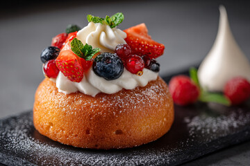 Pastry topped with fresh berries and whipped cream.
