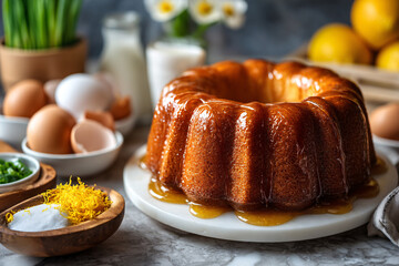 Delicious glazed bundt cake with fresh ingredients and a rustic look.