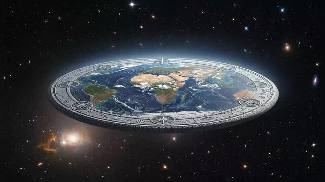 Flat Earth Model with World Map and Celestial Background in 3D Animation