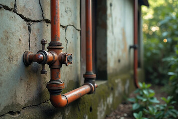 Old Water Pipe Installation on Cracked Wall in Rural Area