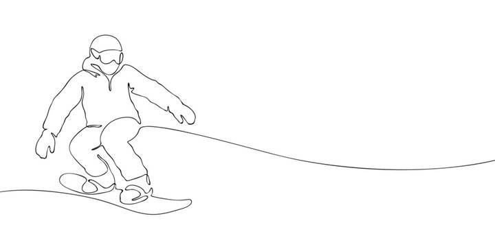 Snowboarder riding downhill on a slope, drawn in continuous line style. Minimalist contour illustration of winter sport. Olympic snowboarding competition concept.