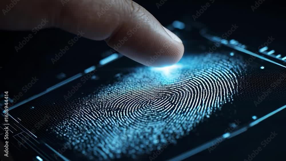 Poster a hand is touching a fingerprint on a screen. concept of security and trust, as fingerprints are uni