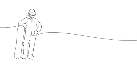 Snowboarder standing with snowboard in hand, drawn in continuous line style. Minimalist contour illustration of winter sport athlete. Olympic snowboarding competition concept.