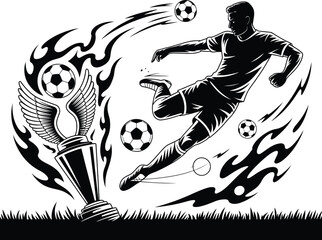 Soccer Player Mid-Kick Illustration in Black and White with Dynamic Elements