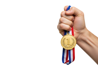 Hand holding a first place gold medal with a tricolor ribbon. Isolated on transparent background, png