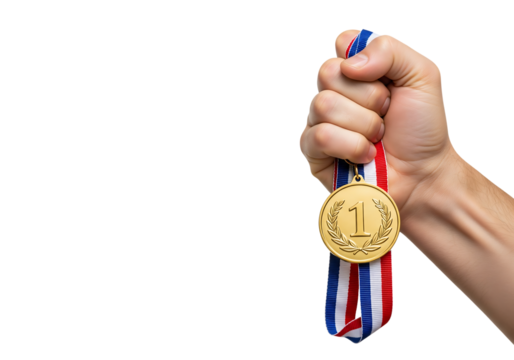 Hand holding a first place gold medal with a tricolor ribbon. Isolated on transparent background, png