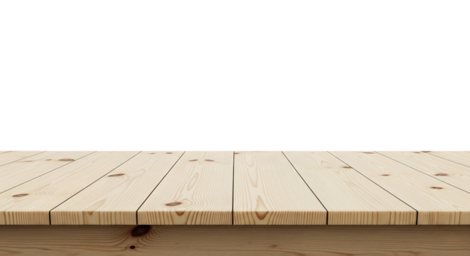 Empty light pine wood table top or wooden shelf surface. Isolated on transparent background, png