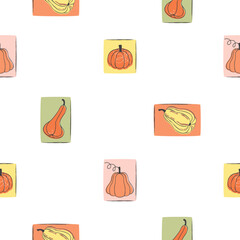 Pumpkin seamless pattern. Doodle style objects and rough rectangles with grunge edges. Orange, green, pink, yellow colors on white background. Autumn season print on fabric and paper. Vector design.