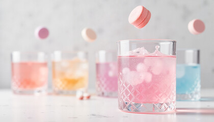 Ephemeral, dissolving effervescent tablet,  in crystal-cut glass