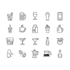 Collection of hand drawn doodle icons representing various drinks and beverages
