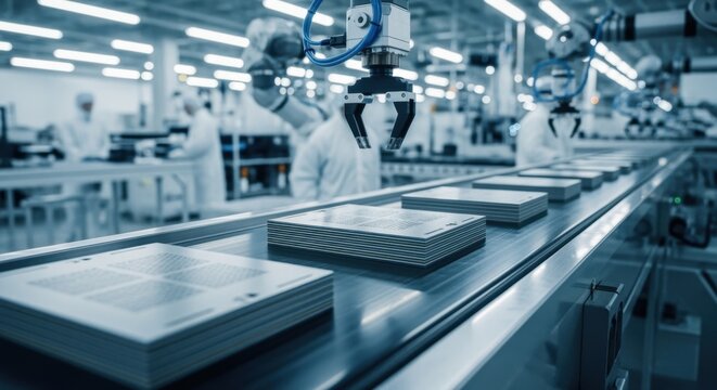Multilayer electrode sheets moving along a conveyor for solidstate battery assembly in a leadingedge gigafactory.