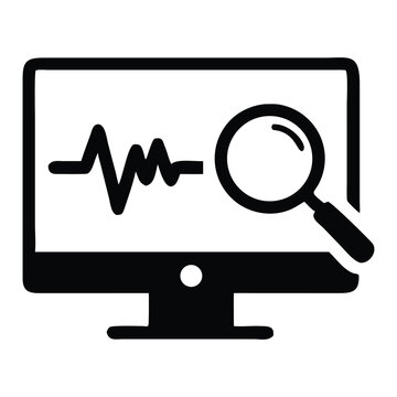 Data analysis on computer screen with magnifying glass icon