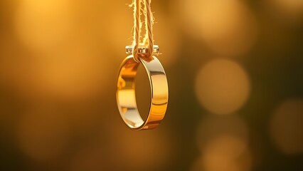 Golden wedding rings hanging gracefully, symbolizing love and commitment with a soft background.