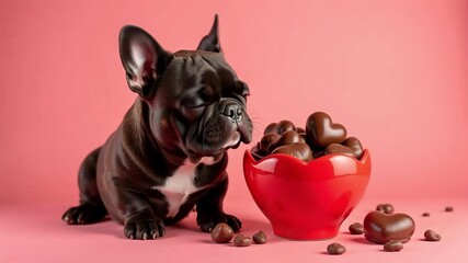 A french bulldog puppy sitting next to a red heart shaped bowl filled with heart chocolates on pink - Powered by Adobe