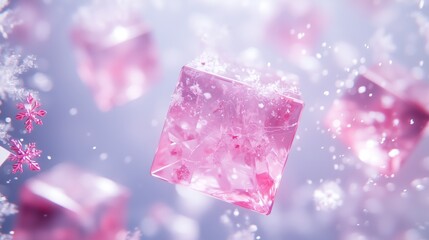 Fototapeta premium Bright pink ice cubes floating in a winter wonderland with soft snowflakes drifting through the air