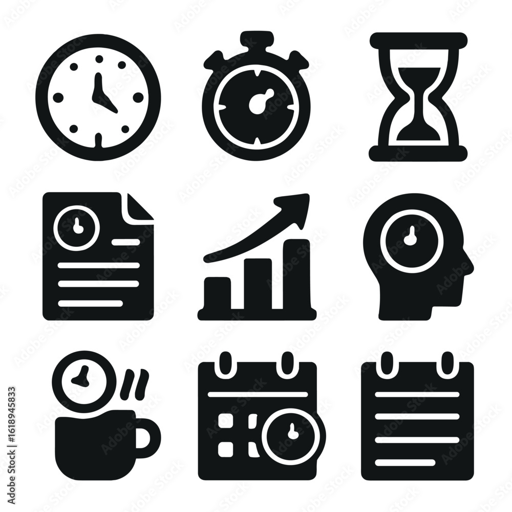 Poster time tracking icons. solid, filled icons set of time tracking and productivity: clock face, stopwatc