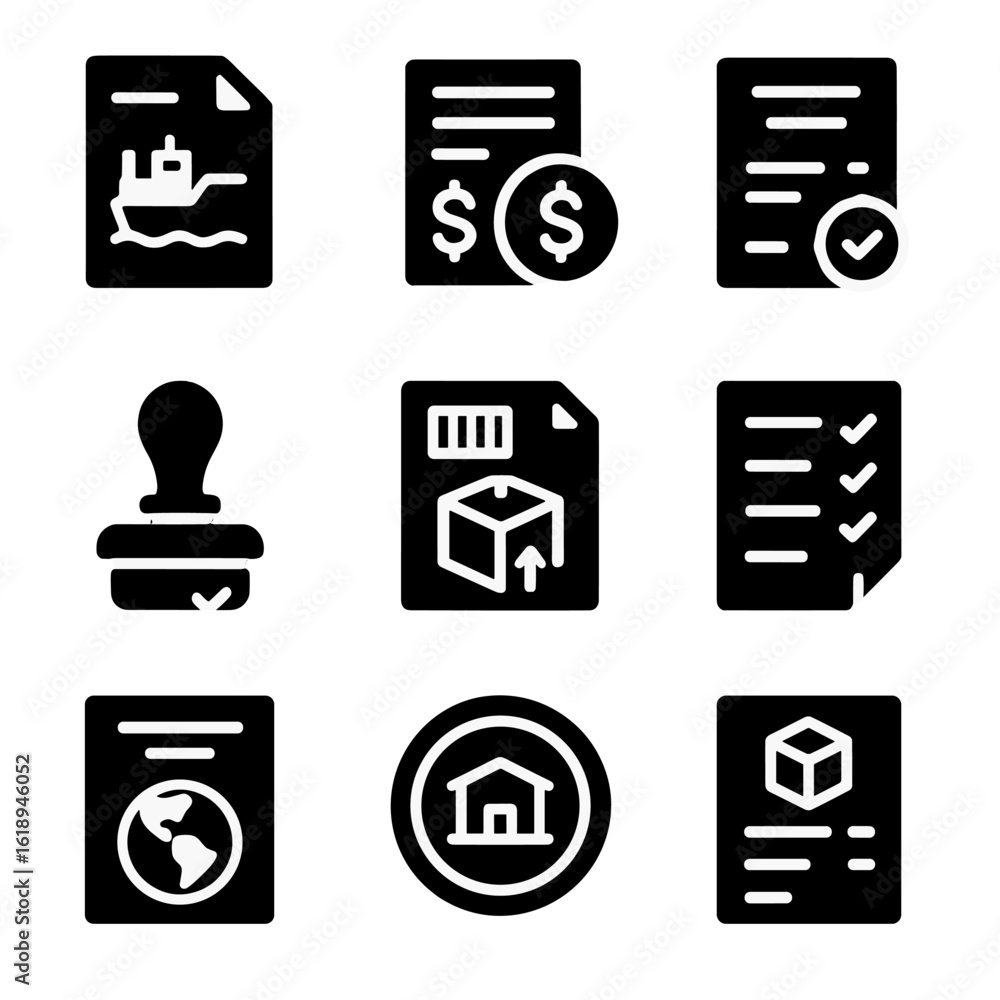 Poster trade document icons grid. solid, filled icons set of import-export documentation: bill of lading, i