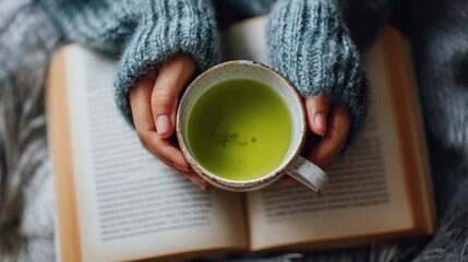 Woman holding a cup of green tea while reading a book