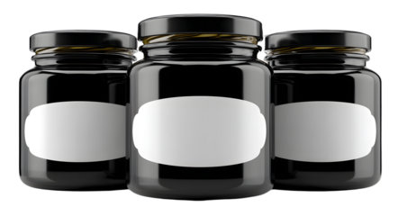 Three glossy black jars with blank white oval labels arranged in a row