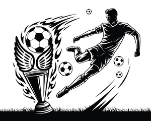Dynamic Black and White Illustration of a Soccer Player Kicking Ball with Trophy and Wings