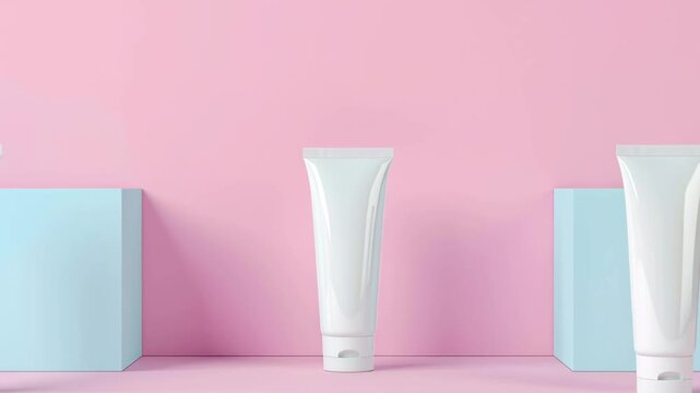 Three white tubes of makeup are displayed on a blue background. The tubes are arranged in a row, with one on the left, one in the middle, and one on the right