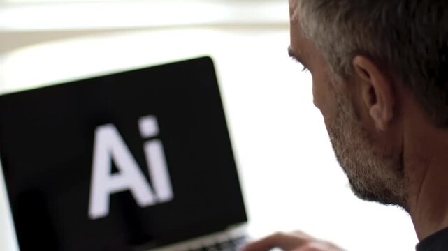 Man looking at laptop screen displaying ai logo, with focus on the man's face and laptop display