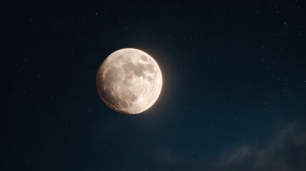 Fototapeta premium A full moon glows brightly against a dark, starry sky, casting a soft, ethereal light. Serene lunar scene.