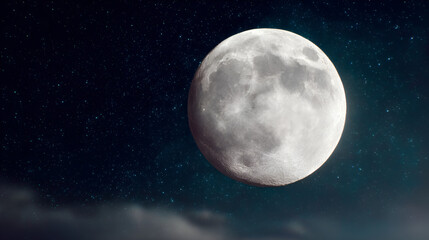 Obraz premium Glowing celestial sphere, a majestic moon hangs in the starry expanse of the night sky, serene and bright.